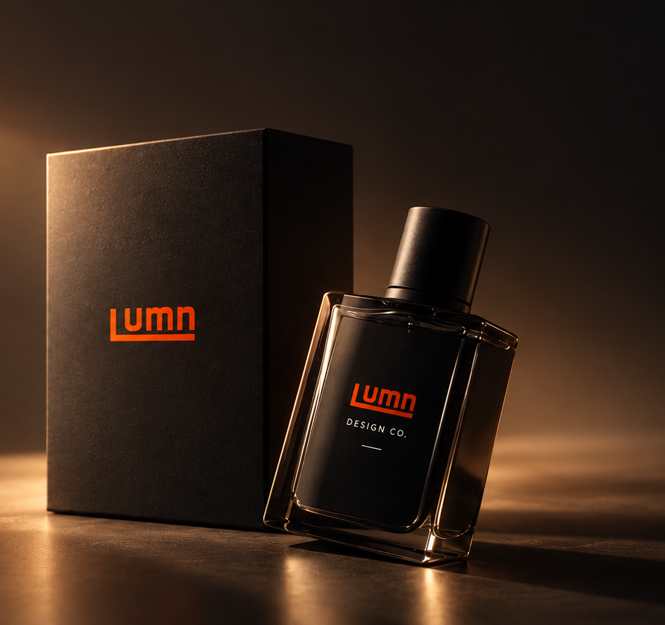 LUMN black presentation box and bottle under warm amber lighting.